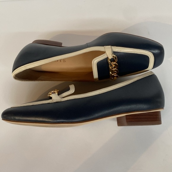 Talbots Estelle Chain Square Toe Leather Loafers Navy White Sz 6.5 - Picture 5 of 9